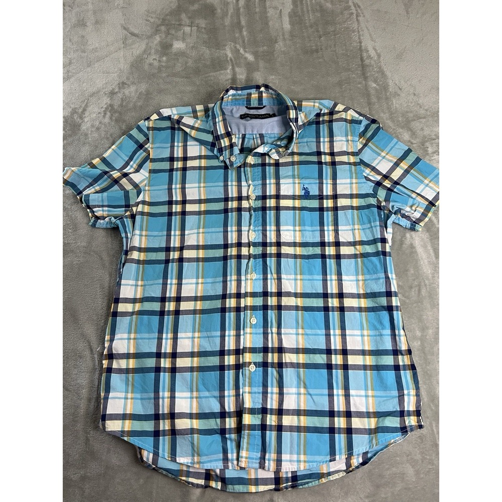 U.S. Polo Assn Plaid Button Front Shirt Men's Large Blue Short Sleeve Casual